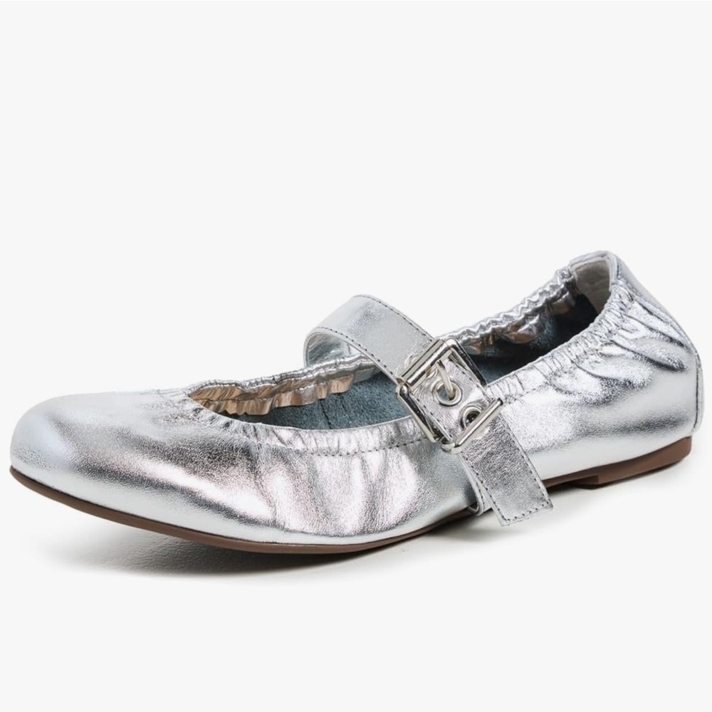 Schutz Women’s Calita Slip On Buckled Mary Jane Ballet Flats in Silver/Prata